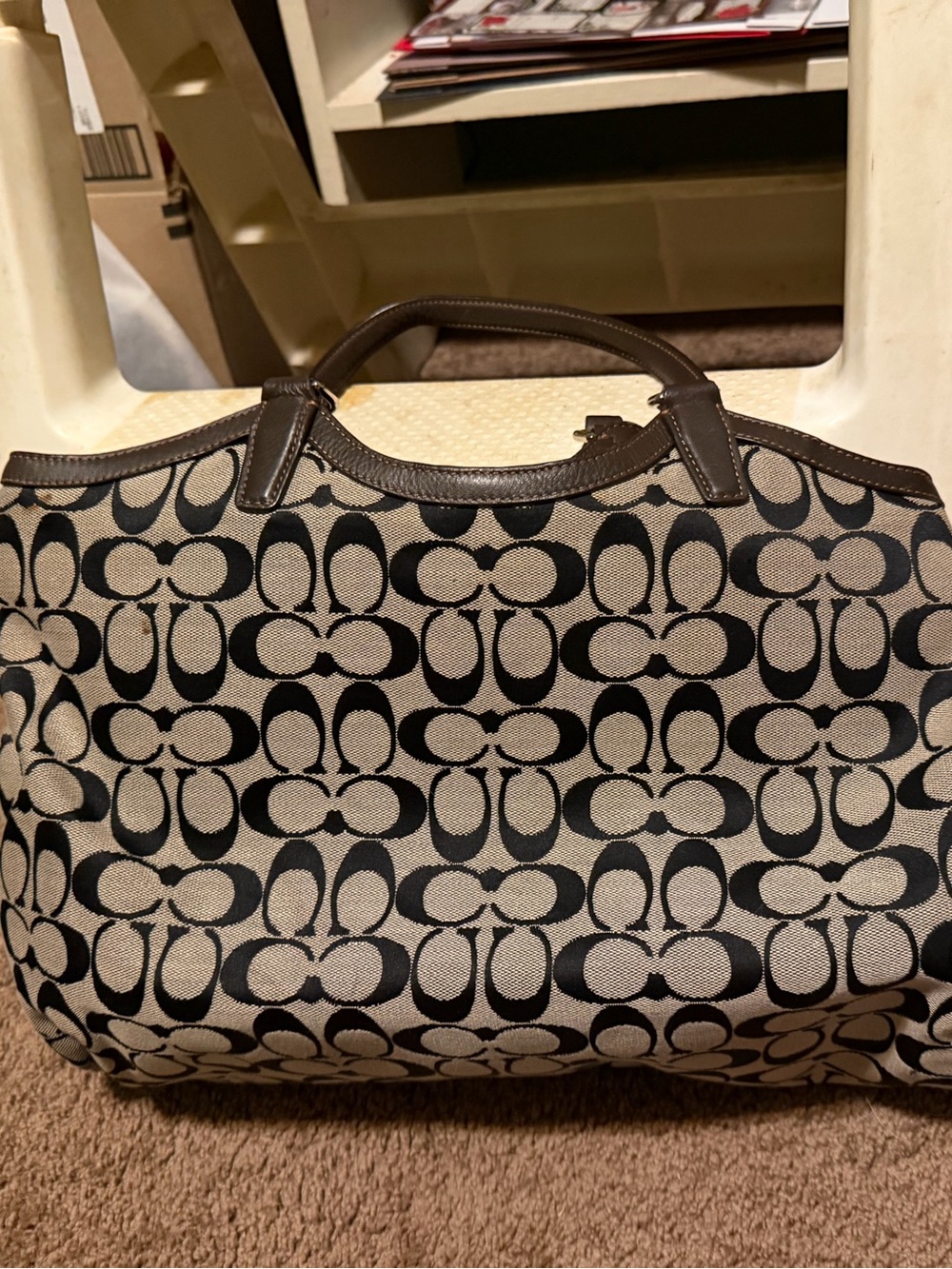 Coach Canvas Tote with Signature 'C' Jacquard in Black and Tan